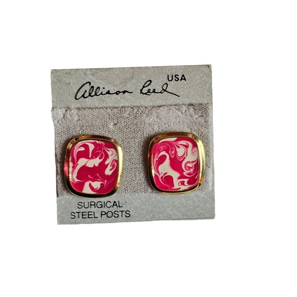 Vintage ALLISON REED Paint Pink White Swirl Rectangular PIERCED EARRINGS - Picture 10 of 11